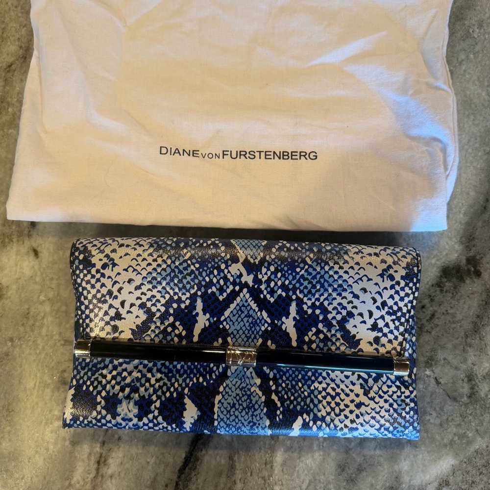 Diane Von Furstenberg Blue and Black Snake Print Clutch